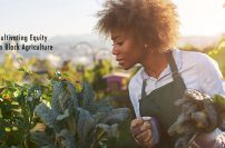 Black woman wearing a white shirt and green apron in a green field of crops in the morning.