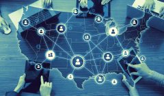 Picture of United States in Blue and Green with nodes connecting people icons across the country. There are also people's hands visible on the borders of the image.